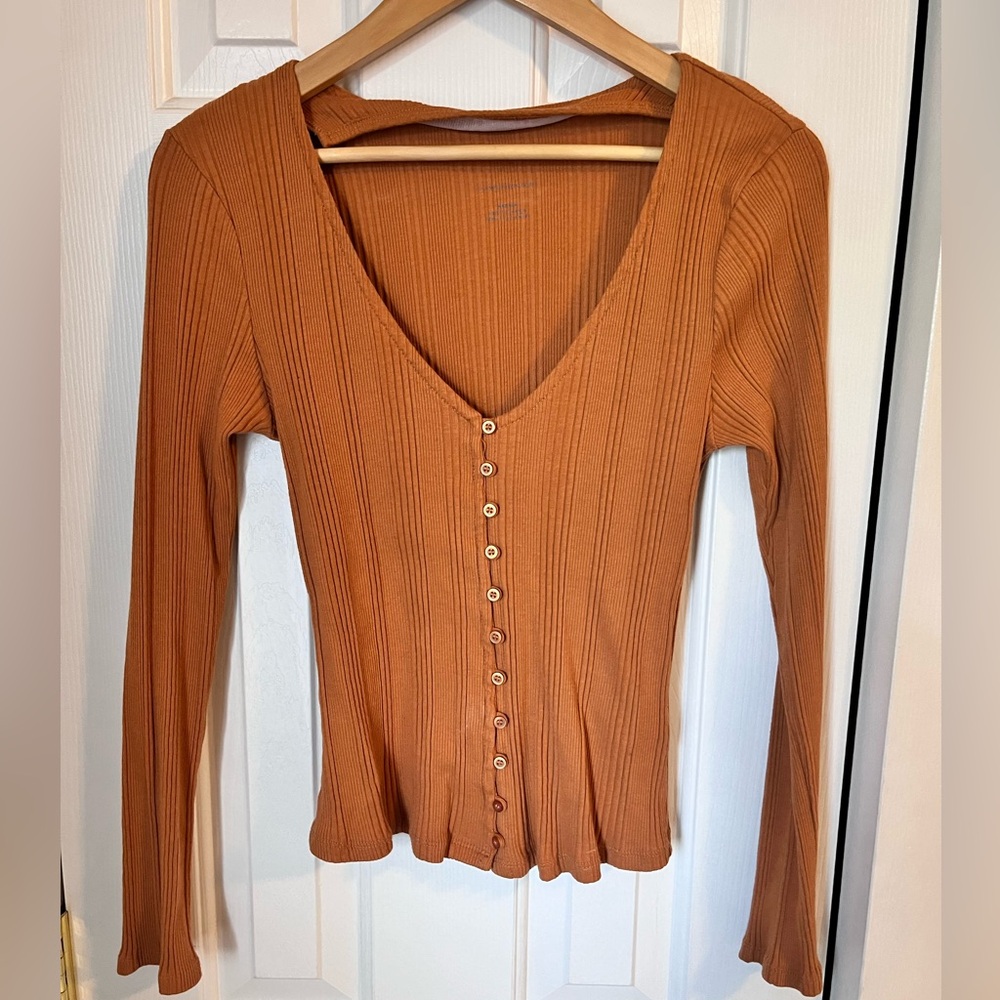 Anthropologie Ribbed Burnt Orange Long-Sleeved Shirt